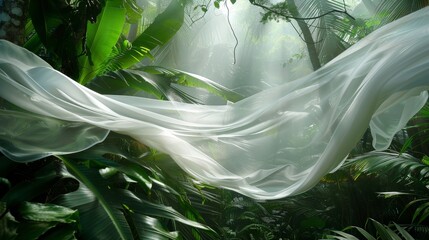 A white fabric blends in with the misty air of the rainforest creating an otherworldly and enchanting display as it catches the wind.