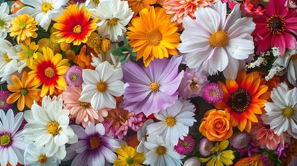 The image shows a vibrant bouquet of white yellow pink and red flowers grouped together in a lush arrangement.