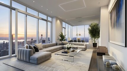 A sleek and modern living room with minimalist furniture. A large, L-shaped gray sofa sits against a wall with floor-to-ceiling windows offering a stunning cityscape view. 