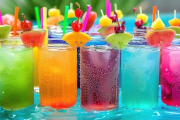 A picturesque display of summer beverages in a variety of bright colors, with condensation on the glasses suggesting cool refreshment. 