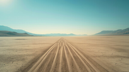 Fototapeta premium Desert with wheel tracks in the sand. Travel and active lifestyle concept.