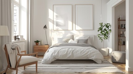 A bright and airy Scandinavian bedroom with a focus on simplicity and functionality. The room features white walls and light wooden floors. 