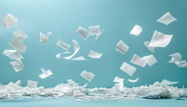 A multitude of papers suspended and flying in the air against a blue background, showcasing chaos or freedom of information in an abstract artistic style.