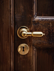 Close-up of brass doorknob and keyhole on a wooden door.