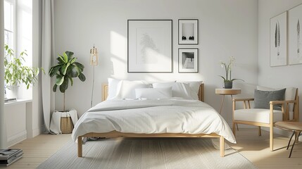 A bright and airy Scandinavian bedroom with a focus on simplicity and functionality. The room features white walls and light wooden floors. A low,