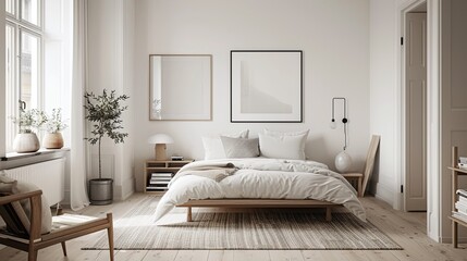A bright and airy Scandinavian bedroom with a focus on simplicity and functionality. The room features white walls and light wooden floors. A low,