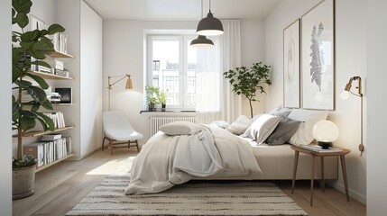 A bright and airy Scandinavian bedroom with a focus on simplicity and functionality. The room features white walls and light wooden floors. A low,