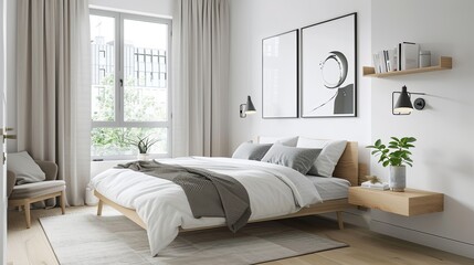 A bright and airy Scandinavian bedroom with a focus on simplicity and functionality. The room features white walls and light wooden floors. A low,