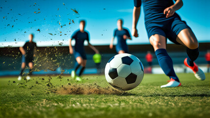 Fototapeta premium Dynamic soccer team action shot players chasing ball on green turf for sports marketing website social media commercial use