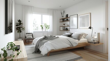 A bright and airy Scandinavian bedroom with a focus on simplicity and functionality. The room features white walls and light wooden floors. A low,
