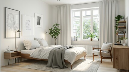A bright and airy Scandinavian bedroom with a focus on simplicity and functionality. The room features white walls and light wooden floors. A low,
