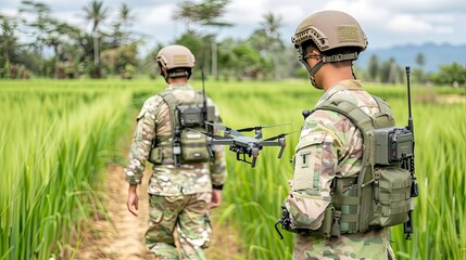 Fototapeta premium Two soldiers wearing camouflage uniforms walk through a field of tall grass, while one operates a drone