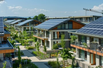 Obraz premium Eco-Friendly Modern Residential Complex with Solar Panels and Community Gardens for Sustainable Living