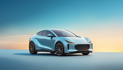 An electric car, with its modern, eco-friendly design and sleek lines, positioned on a plain light blue background to highlight its innovative features.