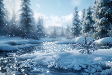 Fototapeta premium Selective focus of Snowflakes fall from the sky at the stream in the pine forest.