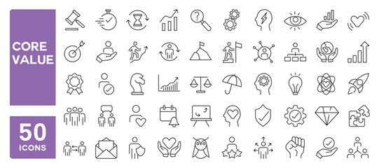 Set of 50 line icons related to core value, innovation, leadership, strategy, performance, Editable stroke. Vector illustration