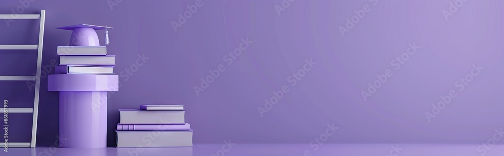 Sticker 3D rendering of a podium with a graduation hat, ladder and books on a purple background. AI generated illustration