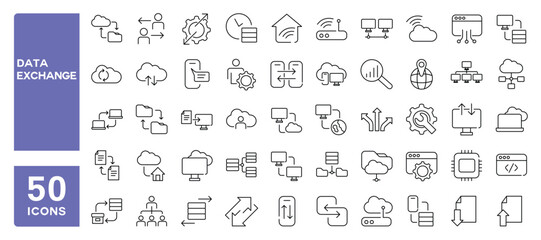 Set of 50 line icons related to data exchange, coding, traffic files, server, cloud technology, Editable stroke. Vector illustration
