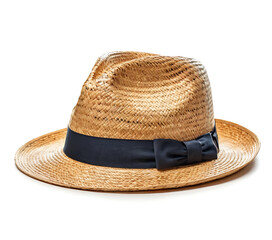 A tan straw hat with a navy blue ribbon and bow.