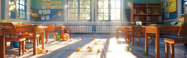 Beautiful blurred background of bright classroom and study room with panoramic windows and beautiful lighting. AI generated illustration