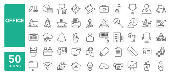 Set of 50 line icons related to office, workplace, desk, business, company, Editable stroke. Vector illustration
