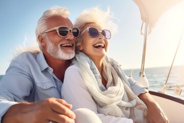 Laughing, happy couple and on a boat for retirement travel, summer freedom and holiday in Bali. Smile, love and a senior man and woman on a yacht for vacation adventure, luxury and a cruise date