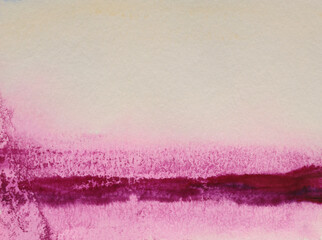 Ink watercolor hand drawn smoke flow stain blot landscape on wet grain paper texture background. Beige, pink colors.