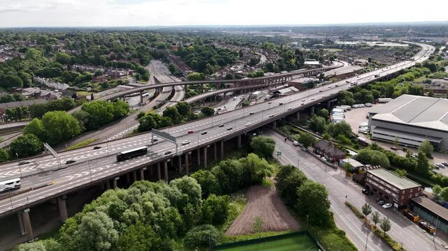 Drone video of M6 Motorway and Spaghetti Junction, Birmingham, UK.
