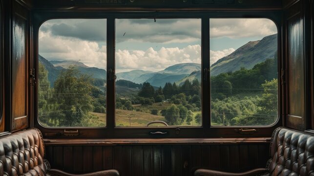 A breathtaking view from the window of an old steam train taking in the stunning scenery of mountains and valleys.
