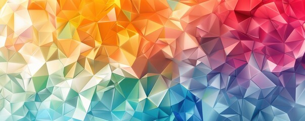 Obraz premium A colorful background with a rainbow of colors and a lot of triangles. The background is a mix of blue, green, yellow, and red. The triangles are scattered throughout the background. 