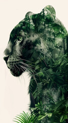 black panther double exposure with the Jungel, concept for species conservation, created with generative AI technology