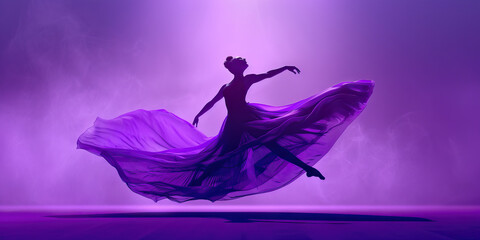 A dancer spins and leaps across the stage, their costume flowing gracefully around them. (purple)