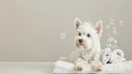 A white West Highland Terrier dog rests on white towels with soap bubbles floating around it