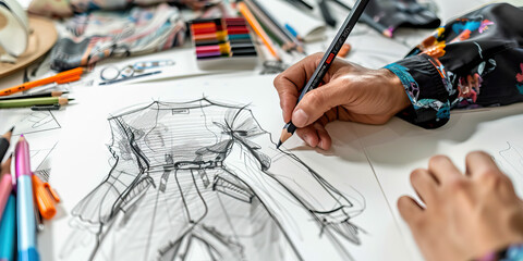 A designer sketches out a new clothing design, their pencil moving swiftly across the paper. (black)