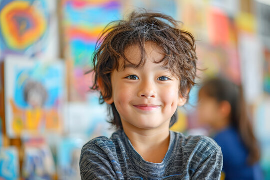 Happy child with dimples smiling in front of colorful artwork in a classroom. Back to School.