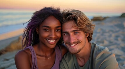 Obraz premium A young Black woman with purple hair and a cheerful white man with blonde hair sitting on a beach at sunset, she is in a purple shirt, he is in a green shirt, waist-up photo