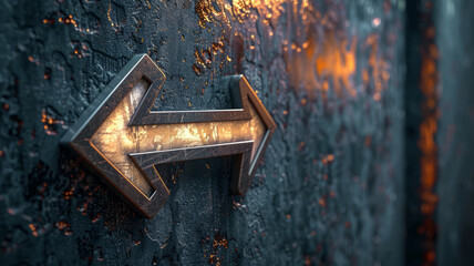 A glowing metal arrow on a textured, grungy wall.