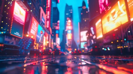 Obraz premium A cityscape in the twilight with glowing digital billboards, Warm hues, Futuristic, 3D rendering, Serene