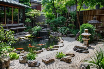 Obraz premium Serene Japanese Zen Garden with Koi Pond, Stone Lanterns, Bamboo Plants, and Raked Sand