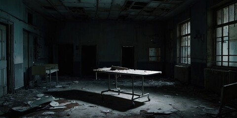 An old abandoned mental hospital. Office.