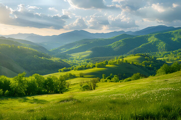 Naklejka premium panorama of beautiful countryside of romania. sunny afternoon. wonderful springtime landscape in mountains. grassy field and rolling hills. rural scenery