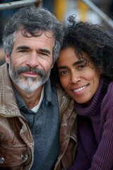 Middle-aged man with salt and pepper hair and a smiling woman with curly gray hair sitting on a park bench