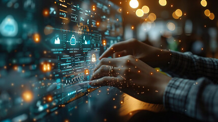 Man using mobile phone with face scanning to access personal data and digital banking via mobile app 