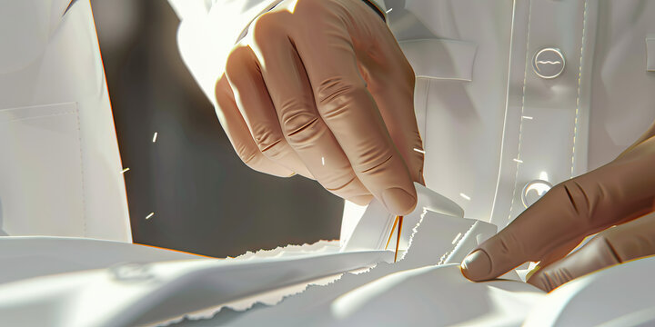 A tailor pins a hem, making sure the garment fits perfectly on its new owner. (white)