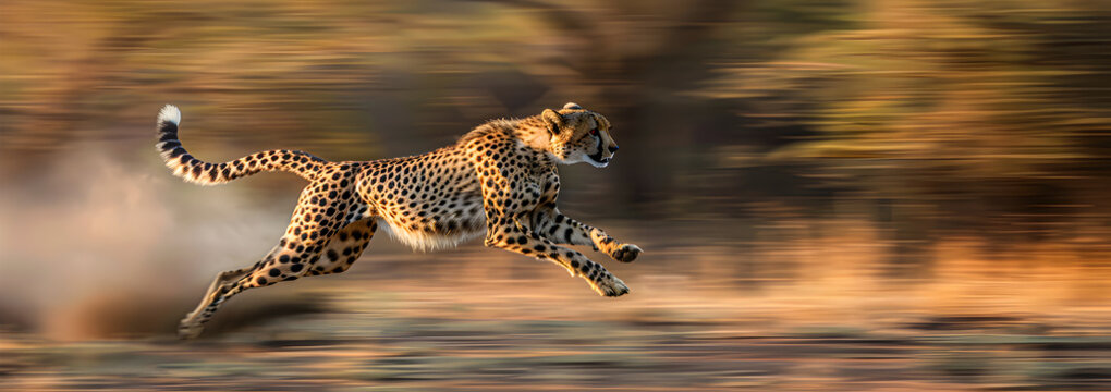 A cheetah rushing across the African savannah, background blur.