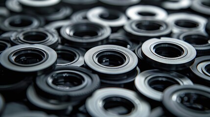 Precision engineering concept. A close-up of numerous high-quality rubber gaskets, an essential component in automotive and machinery for creating tight seals