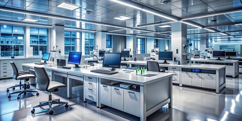 State-of-the-art laboratory features sleek cabinets, clutter-free research desks, and advanced computers amidst an array of sophisticated analytic equipment and futuristic gizmos.