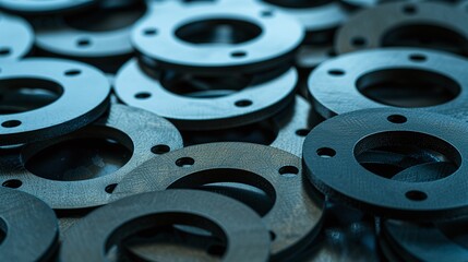 Precision engineering concept. A close-up of numerous high-quality rubber gaskets, an essential component in automotive and machinery for creating tight seals