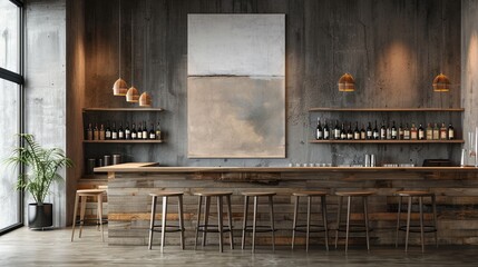 eye level, photo, bar, minimalistic interior, abstract large art frame, office snapshot, frame magazine