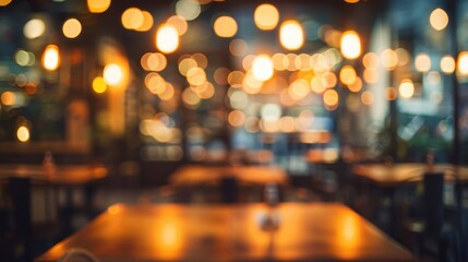 A blurred image of an empty restaurant table with warm lights